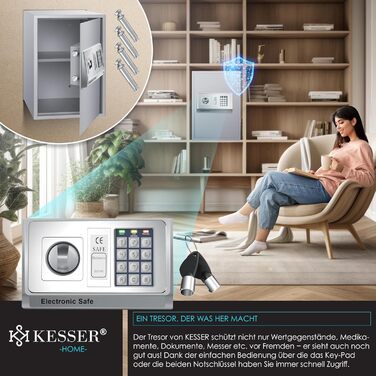 Електронний сейф KESSER® настінний, 31x20x20 см, з подвійним замком, LED підсвіткою, сталевий (срібний, XL)