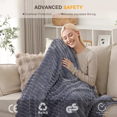 Електрична ковдра Nalome з автовимкненням 160*130 см, 9 температурних режимів, таймер 12 годин, захист від перегріву, пральна машина, фланцель, сіра