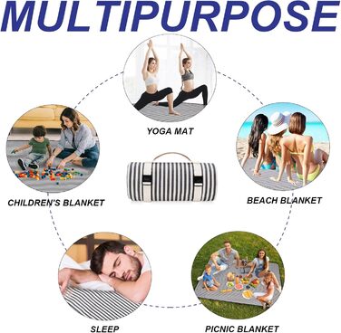 Водонепроникний плед для пікніка TwentyNext, 145x199.9 см, для пляжу, кемпінгу, з ручкою, машинного прання, складаний, в смужку