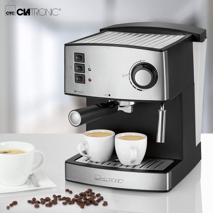 Clatronic® Espresso Machine | Small Coffee Machine | 15 bar Pump Pressure | 1.6 Liter Transparent Water Tank (Removable) | 2 Stainless Steel Nozzles with Frothing and Hot Water Function | 850 Watts | ES 3643