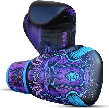 Buddha Fight Wear Luzbel Boxing Gloves - Muay Thai & Kickboxing - 12oz Blue - Premium Leather & Odor-Resistant Interior