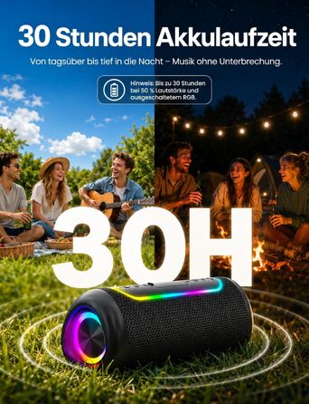 Портативна Bluetooth колонка UOHHBOE 30W, чорна: музика до 30 годин, RGB підсвічування, IPX5 водонепроникність