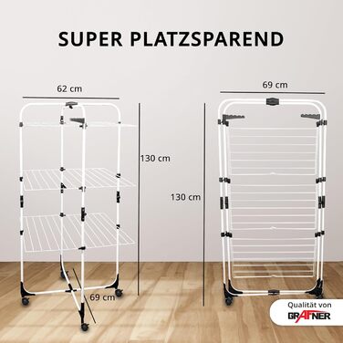 Сушарка для білизни Grafner Turm з колесами, 30 метрів мотузки, 3 яруси, 6 крил, розкладна та компактна