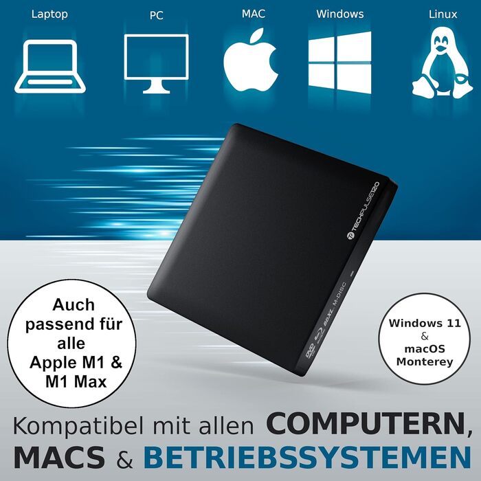 Зовнішній Blu-ray привід techPulse120 USB 3.0: 3D запис M-Disc, BDXL, DVD, CD, Slim дизайн, алюміній, чорний — для ноутбуків, ПК, Windows, MacOS, MacBook Pro Air