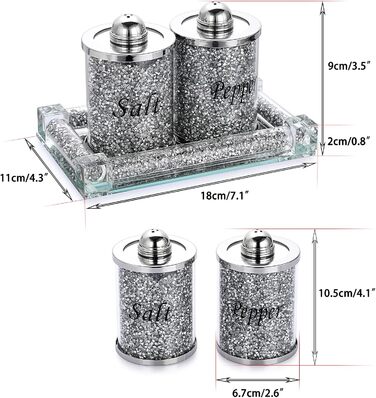 BTSKY Set of 3 Salt and Pepper Shakers with Tray, Crystal Glass, Crushed Diamonds, Salt and Pepper Containers, Storage Jar, Cooking Spice Glass, Kitchen Accessories
