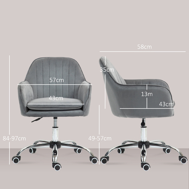HOMCOM Adjustable Height Desk Chair Swivel Office Chair Rotating Home Office Chair with Back and Armrests Velvet-Look Vanity Chair for Study Room, Grey | Aosom