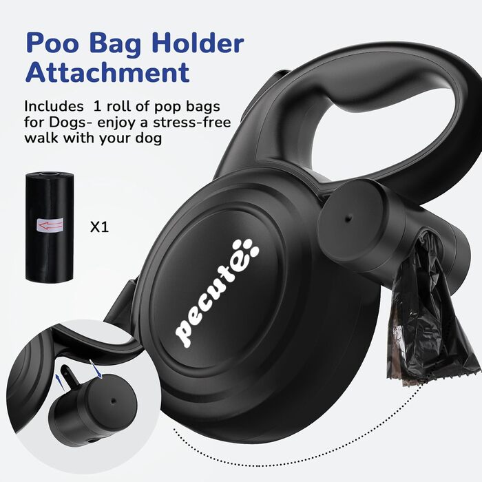 Рулетка для собак Pecute 10м, чорна, до 50 кг, антизаплутування, швидке гальмування