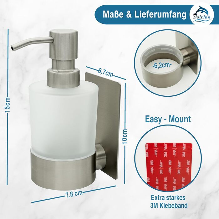 Dolvhin® Soap Dispenser Wall Mount No Drilling | Frosted Glass Hand Soap Dispenser | Stainless Steel Pump Dispenser & Wall Holder | Adhesive Wall Soap Dispenser | Dish Soap Dispenser 250ml | Silver Gray