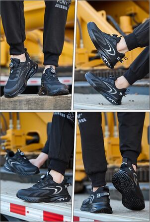 Черевики робочі чоловічі/жіночі, захисні, легкі, спортивні, дихаючі, на шнурках/з поворотним затвором, зі сталевим підноском, 47 EU, чорні