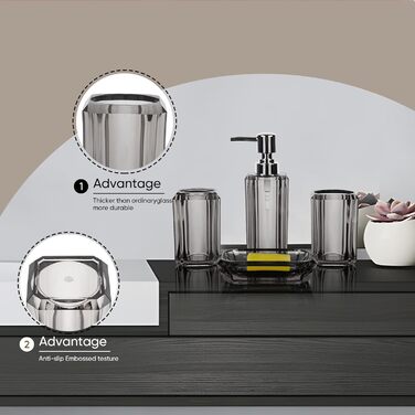 Набір аксесуарів для ванної кімнати з акрилу преміум-класу (4 шт.): дозатор для дезінфектора, диспенсер для лосьйону, мильниця, стакан для ополіскувача, стакан для зубної пасти (щіткова чорна/сіра)
