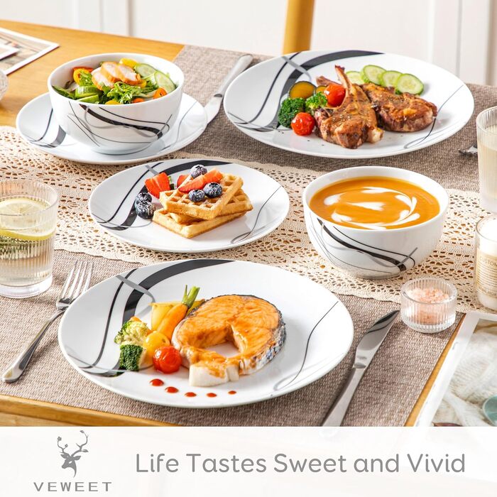 Набір посуду VEWEET FIONA для 4 осіб (12 предметів): тарілки та миски з чорними та сірими смужками, для вечері, безпечний у мікрохвильовці та посудомийній машині