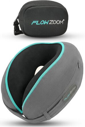 Подушка для шиї FlowZoom Dream Pro з додатковою бічною підтримкою та регульованим липучкою кріпленням - подушка для подорожей в літак з піною з пам'яті - з чохлом та подарунковою упаковкою - Сірий