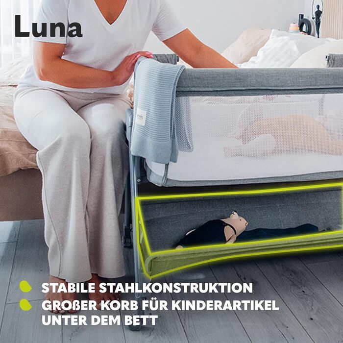 Lionelo Luna Portable Crib with Mattress, Travel Bed, from Newborn to 9 kg, Adjustable in Height and Tilt, 4 Wheels with Brakes, Attachment for Parent's Bed (Gray)