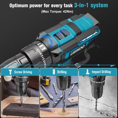 Акумуляторний шуруповерт LEEIKOO 21V з акумулятором 2.0Ah, 42N.m, 10мм патрон, 2 швидкості, 18+1 момент, 20шт аксесуарів, LED, сірий