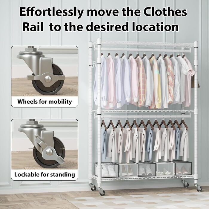 Double Clothes Rack/Garment Rod with Adjustable Shelves, Heavy-Duty Clothes Rack with 2 Hooks, Clothes Rack with Wheels, 90 * 42 * 205cm, White