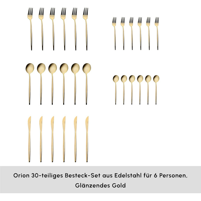 Karaca Orion Shiny Gold 30-Piece Cutlery Set - Knives, Forks, Spoons, Cake Forks, Stainless Steel, Dining Cutlery Tableware Set - Healthy and Hygienic, Modern Design