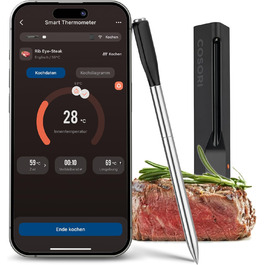 COSORI Смарт термометр для м'яса, бездротовий Bluetooth термометр для гриля та кухні, підходить для аерофритюрниці, мийка в посудомийній машині, чорний
