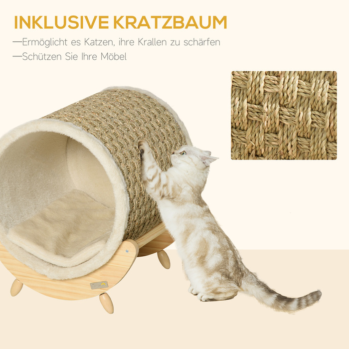 PawHut Котобудка з полицею, котяче ліжко, когтеточка, деревина сосни, фланель, хакі, натуральний & бежевий, 41x38x43 см | Aosom