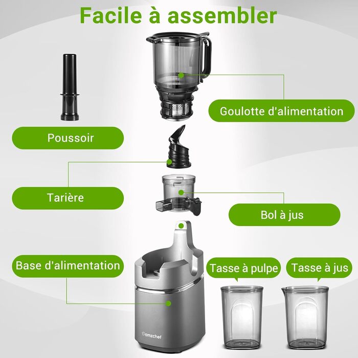 AMZCHEF 250W Automatic All-in-One Juicer, 135MM Opening and 1.8L Juicer for Vegetables and Fruit, Slow Juicer Winner with Triple Filter - Grey