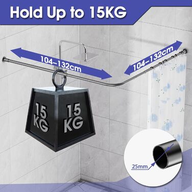 Кутова штанга для душу L-Form, регульована 68–96 см × 68–96 см, нержавіюча сталь, водонепроникна та стійка до іржі, 90 градусів, з 12 кільцями, комплект гвинтів (104-132x104-132 см, Чорний)