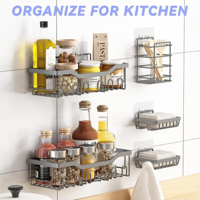 Поличка для душу без свердління, 6 шт. Регулятор для ванної кімнати з тримачем для фену та гачками, поличка для душу з нержавіючої сталі, настінна, самоклеюча, органайзер для ванної кімнати та кухні сірого кольору