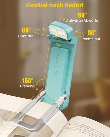 Glocusent Кліпса-лампа для читання з кліпсою, 7 LED, акумулятор 1000mAh, 160 годин роботи, 3 кольори та 5 рівнів яскравості, регульований кут нахилу, для книголюбів, дітей (Блакитна)