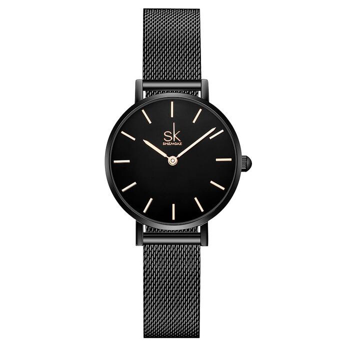 SK Ультратонкі мініатюрні жіночі годинники з двома стрілками. Елегантний годинник для жінок з шкіряним ремінцем (Black-mesh)