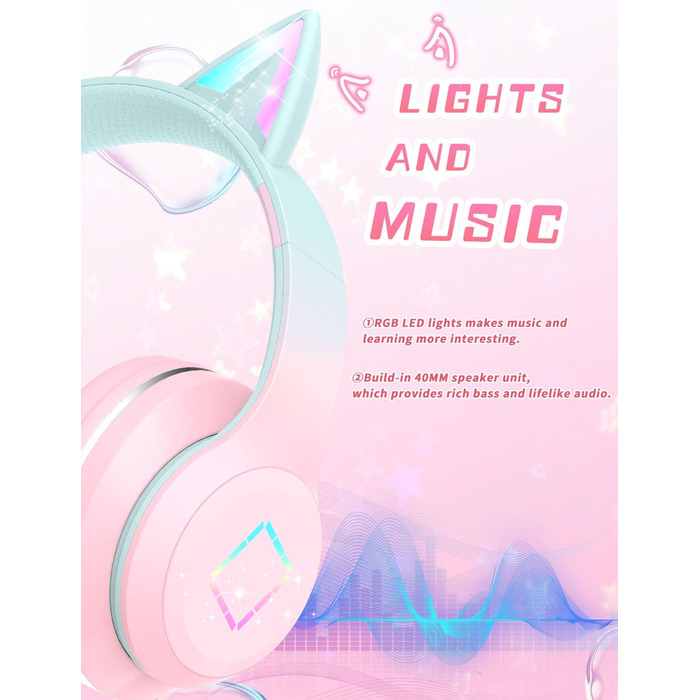 Бездротові навушники Bluetooth для дітей з LED-підсвіткою, котячими вушками та мікрофоном, HD стерео звук, складні, регульоване наголов'я, для дівчаток, PC/Tablet/Навчання/Школа (рожеві)