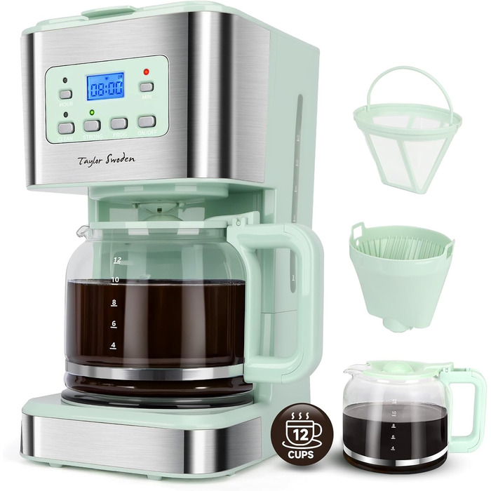 Кавомашина Taylor Swoden Darcy 950W з таймером, 1.5л, 12 чашок, автоматичне відключення, захист від протікання, багаторазовий фільтр, BPA-free, зелена