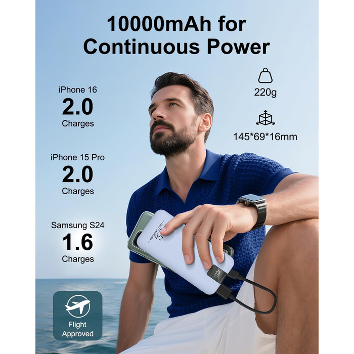 Powerbank 10000mAh 22.5W з LCD-дисплеєм: швидка зарядка, 3 виходи, 2 входи, USB-C, для смартфонів та планшетів (блакитний)