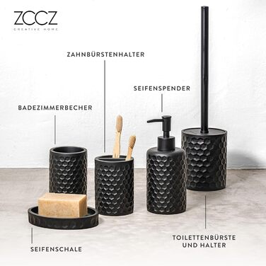 ZCCZ Bathroom Set – 5-Piece Organizer Set with Toilet Brush, Toothbrush Holder, Soap Dispenser, Soap Dish – Stylish Décor with Geometric Hexagon Pattern in Black for Modern Bathroom