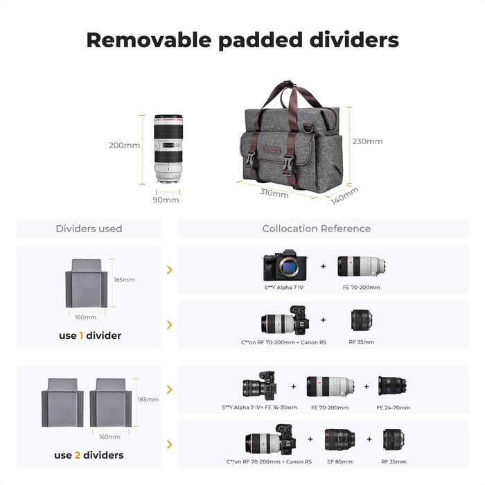 Сумка для камери K&F Concept, фотосумка для DSLR/SLR, сумка для фотографа з відділеннями для об'єктивів та аксесуарів, сіра