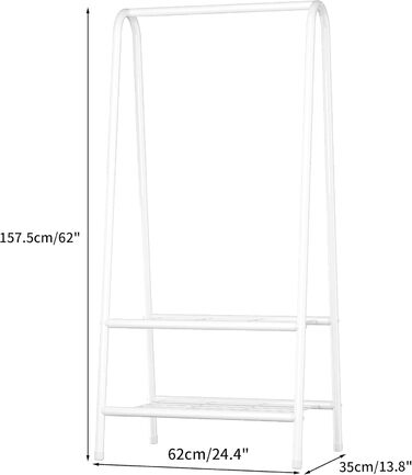 Robust metal clothes rack with double shelves for hanging clothes. Freestanding portable metal clothes rack, 62 L x 35 W x 157.5 H cm. Space-saving, Gold (White)