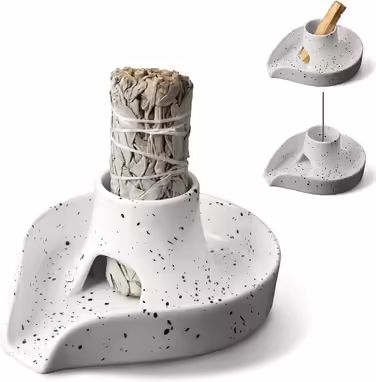 Incense Holder, Incense Stick Bowl, Ceramic Incense Holder, Burn Bowl for White Sage/Palo Santo Stick/Incense, 3-in-1 Burner Bowl with White Sage Bundle (Gray)