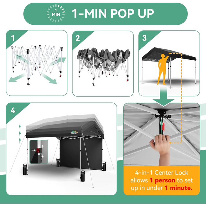 COBIZI Gazebo - Folding Gazebo - Waterproof, Stable, 275 cm Party Tent, UV Protection 50+ - Folding Gazebo with Waffle Pattern for Camping, Beach, Family Gatherings (White) (Black, 3x3m with 1 Side Walls)