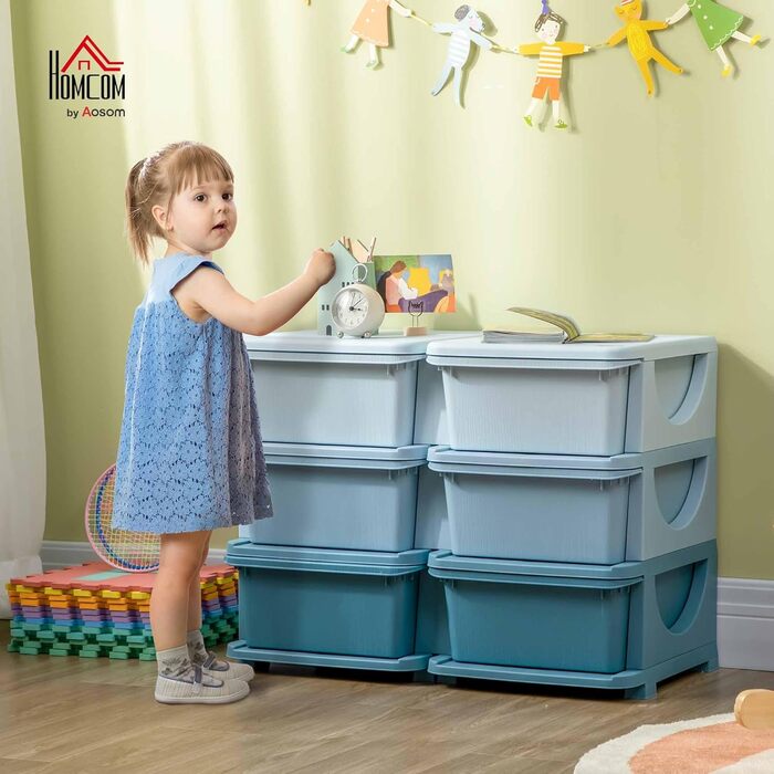 HOMCOM Kids' Storage Chest with Drawers, Toy Organizer, Toy Box, Three Tiers for Children's Room, 3-6 Years, Kids' Furniture, 37 x 37 x 56.5 cm (75L x 37W x 56.5H cm, Blue)