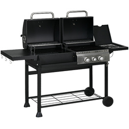 Outsunny Grill Cart Gas Grill with 2+1 Burner, Thermometer, 3kW BBQ Charcoal Grill with Shelf, Side Table, Hooks, Camping Grill with Hose for Garden, Balcony, Black | Aosom