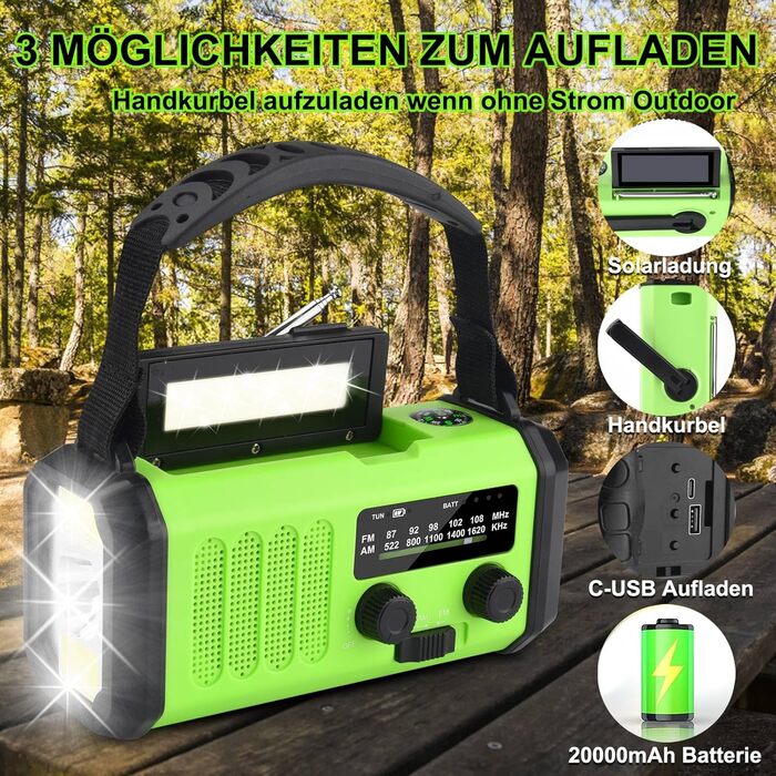 Радіо на сонячній енергії з ручним заводом Solar Radio AM/FM, Powerbank 20000 mAh, LED ліхтарик, SOS сигнал, USB-C зарядка для телефону, зелений