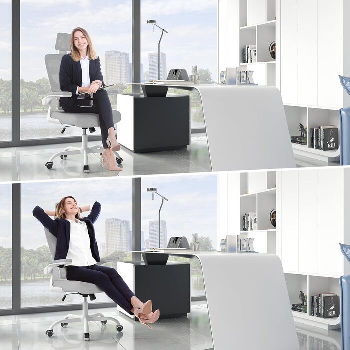 Офісне крісло Naspiro, ергономічне з регульованою підголівником, підлокітниками та підтримкою попереку, поворотне, сітчасте, для дому та офісу, сіре