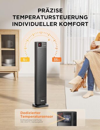 Електричний обігрівач Midea Ceramic 2000W з термостатом, 3 режими, таймер 24 год, захист від перегріву та перекидання, миттєве тепло для офісу та спальні (сірий, 76 см)