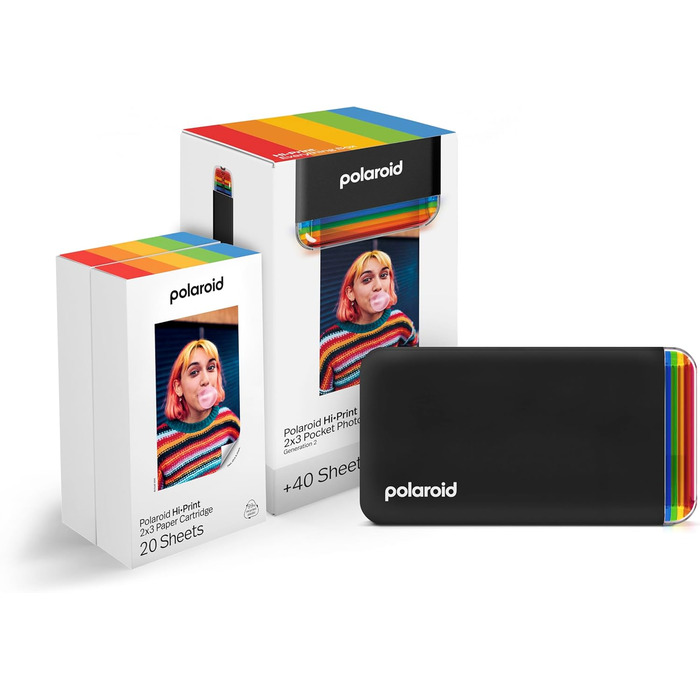 Polaroid Hi-Print 2-ге покоління: Bluetooth фотодрук, кишеньковий принтер 2x3, чорний (з фільм-пакетом)