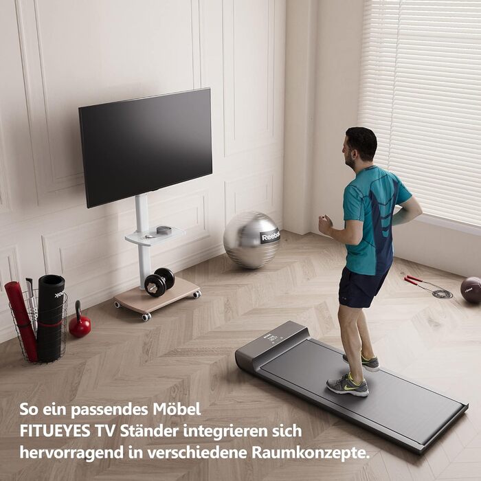 FITUEYES Rolling TV Stand with Wood Shelf - Adjustable Height & Swivel - Fits 32-70 inch TVs up to 40kg, VESA 400x600 - White