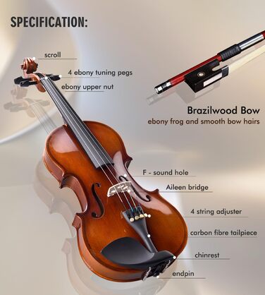Скрипка Aileen Violin 4/4 для дорослих, скрипка для початківців, глянцевий античний дизайн