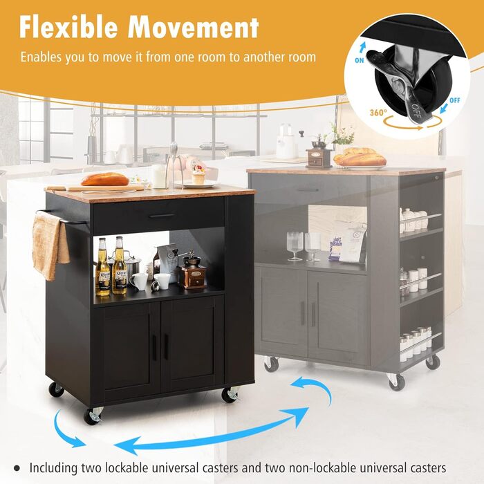 Giantex Rolling Kitchen Cart with Countertop - Kitchen Island with Storage, Mobile Kitchen Trolley with Drawer & 3 Shelves (White & Black)