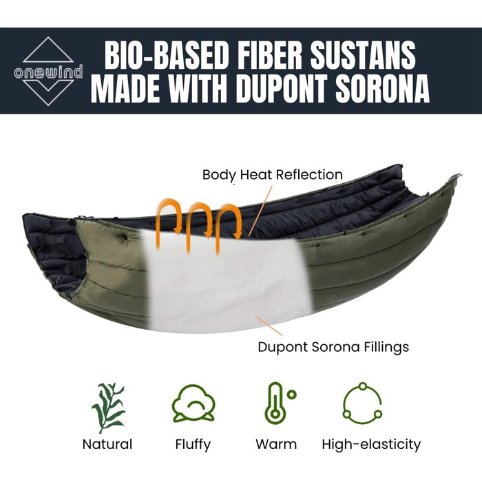 Onewind Hammock Underquilt, full-length underquilt with insulation for hammock camping, 4 seasons, hiking, backpacking, and travel. Lightweight and portable