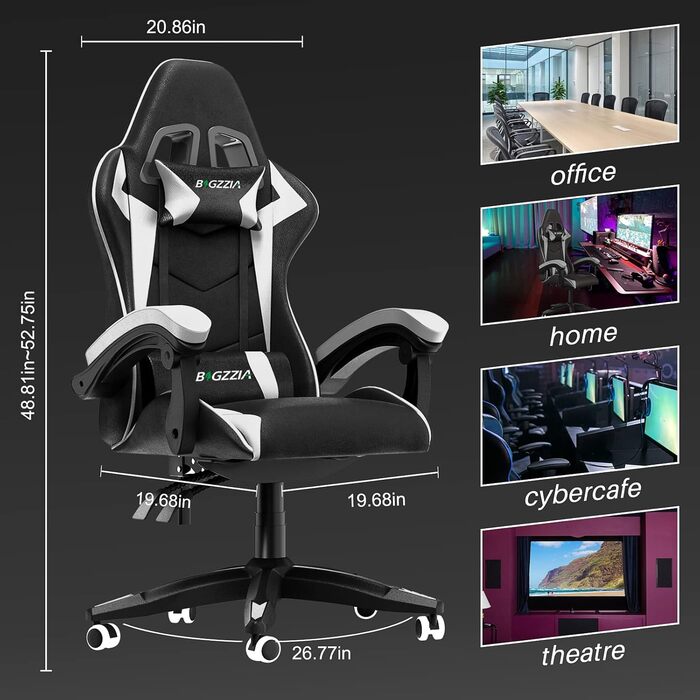 Геймерське крісло Bigzzia Ergonomisch з підтримкою попереку та голови, регульована висота, для підлітків та дорослих, чорно-біле