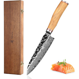 Ніж Santoku Wakoli Olive з дамаської сталі 17 см - професійний кухонний ніж з дамаської сталі 67 шарів з серцем VG10, ручка з оливкового дерева - для м'яса, риби та овочів, в дерев'яній коробці