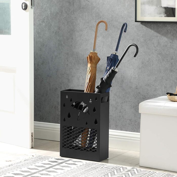SONGMICS Metal Umbrella Stand with Water Tray, 4 Hooks, Cutout Design - Black for Entryway & Office