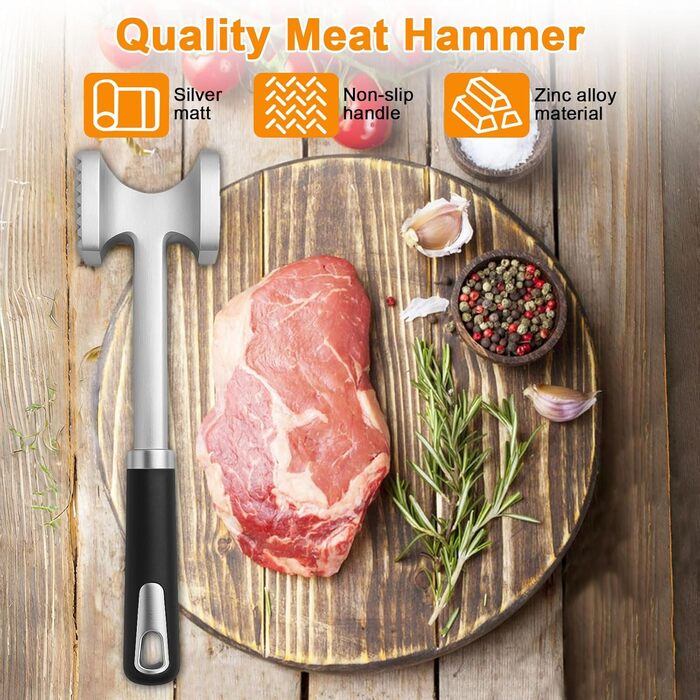 Дружил Фляйшхаммер 27 см з нержавіючої сталі - двосторонній молоток для м'яса з плоскою та зубчастою поверхнею, професійний кухонний молоток для шніцелів, стейків, котлет, яловичини, курки (стійкий до корозії та гігієнічний)