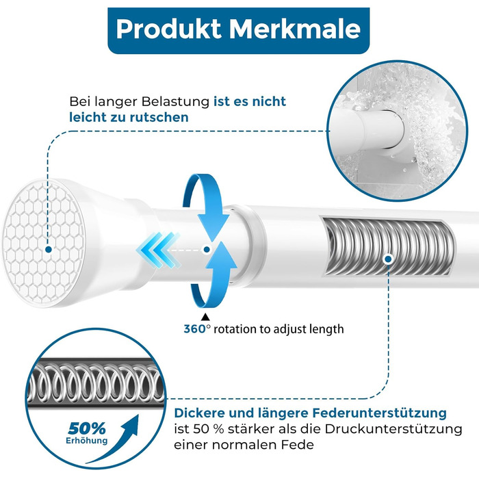 Штанга для карнизів AIZESI без свердління, 70-130 см, телескопічна, біла (діаметр 22 мм)